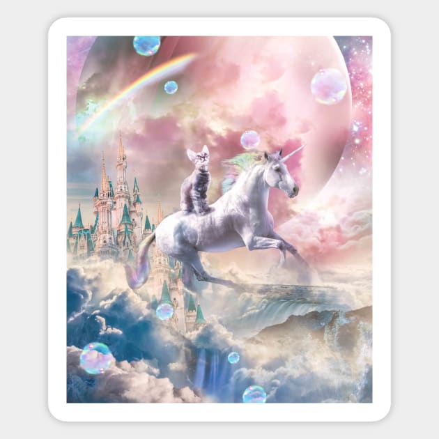 Rainbow Galaxy Cat Riding Unicorn In Space Sticker by Random Galaxy